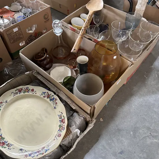 3 box glassware, platters, decanter, vases etc