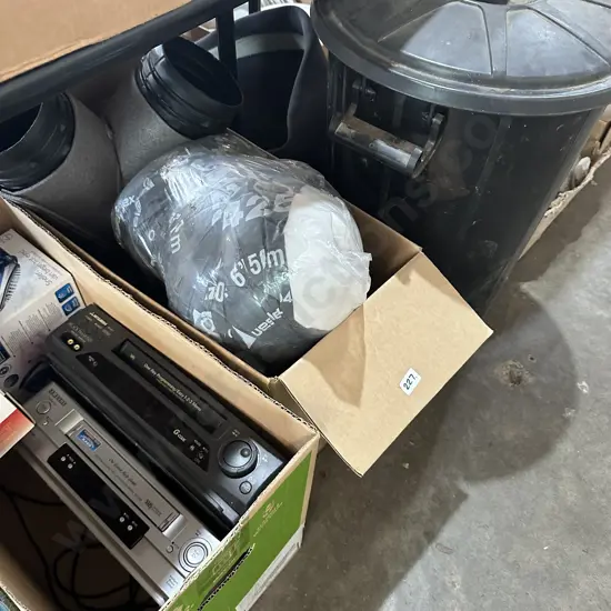 Bin of sports, ducting, divesuit, VHSs etc