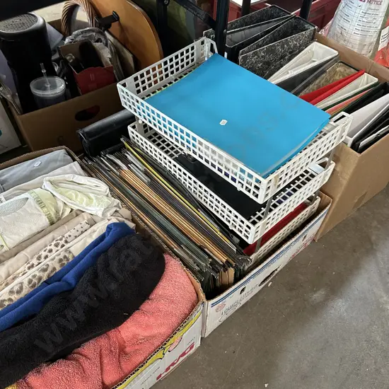 3 boxes files and linen
