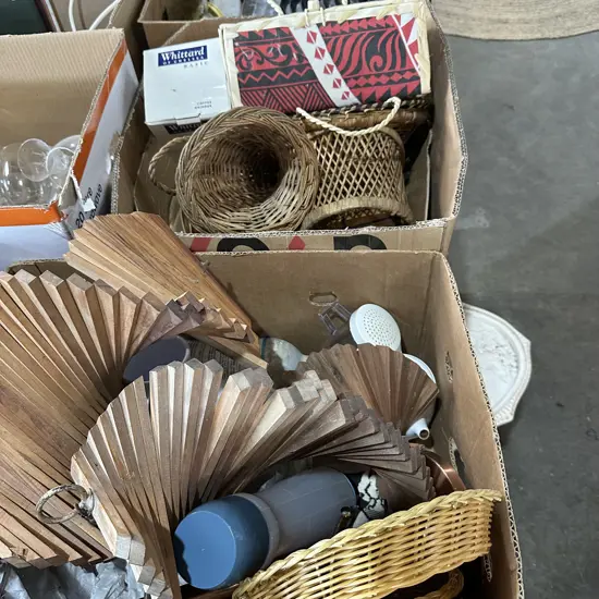 2 boxes basketware, woodware etc