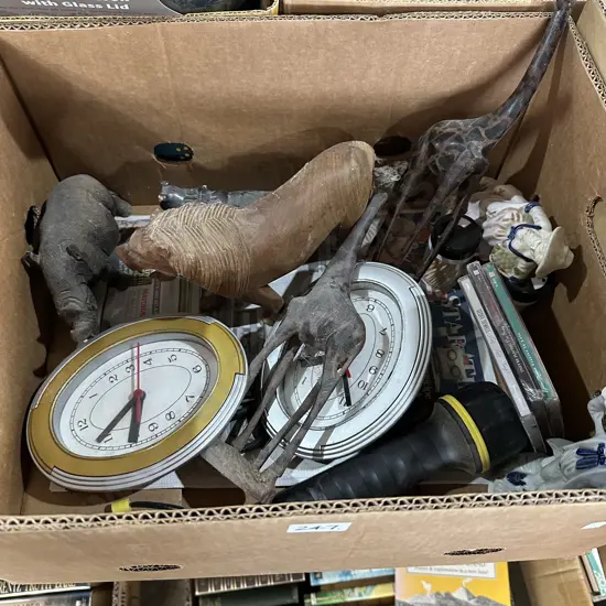 Wooden figures, clocks etc