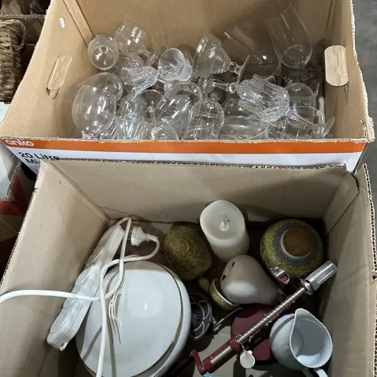 2 boxes glassware, brass turtle etc