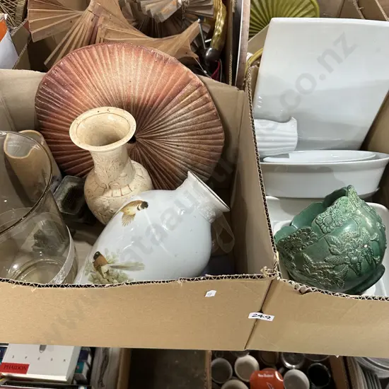 2 boxes vases, planter, crockery