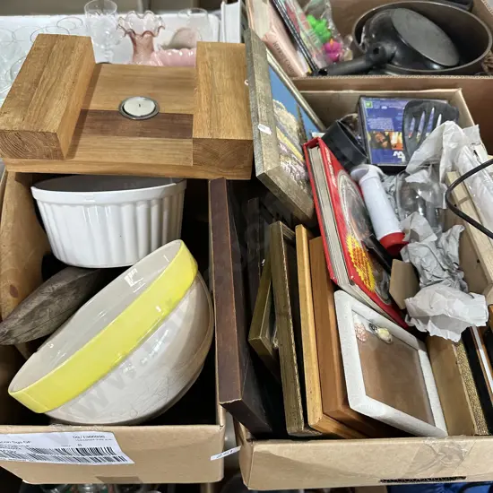 2 boxes frames, mixing bowl, wooden items, tea light etc