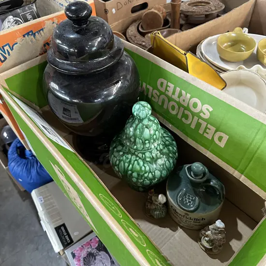 2 boxes touch lamp, glass bowls, urns and pottery, platter etc