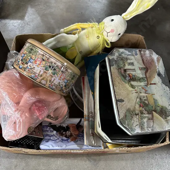 Crockery, doll parts, tins etc
