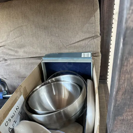 Box lot kitchenware plus cushion