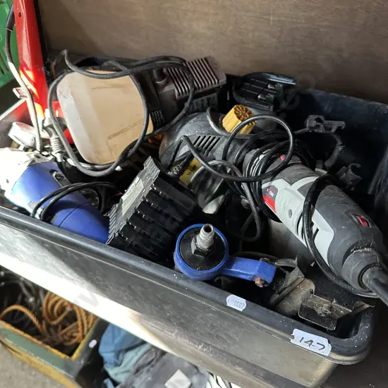 Bin of tools, spayers, grinders, drills etc