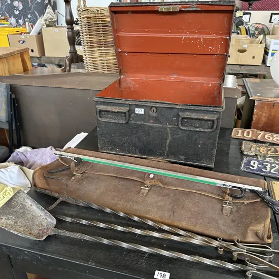 Metal box, fire tools, satchel