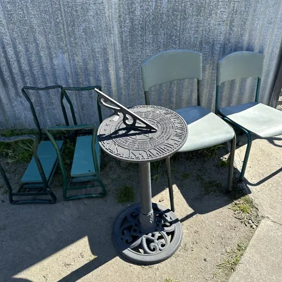 Sun dial, 2 chairs and garden kneelers