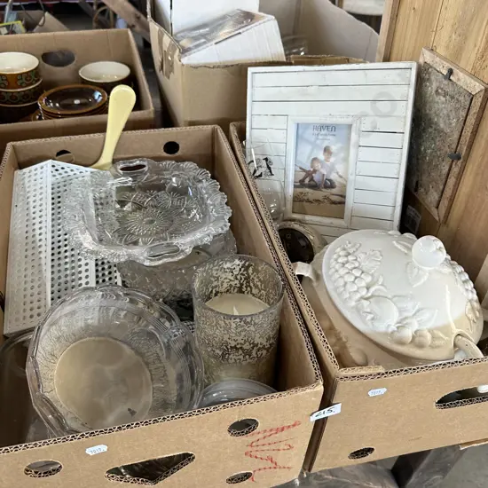 2 boxes Frames, glassware etc