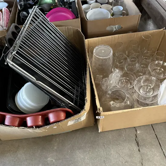 2 boxes glassware and kictenware