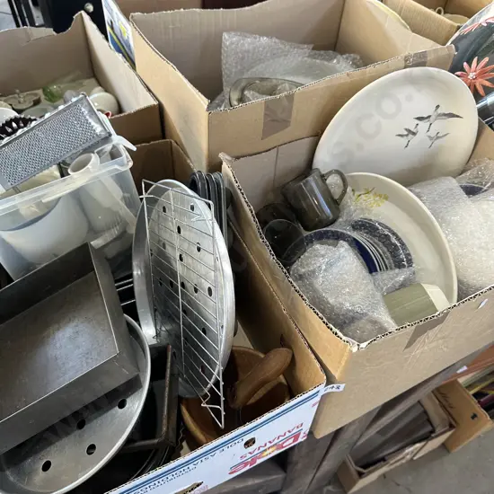 3 boxes china and kitchenware