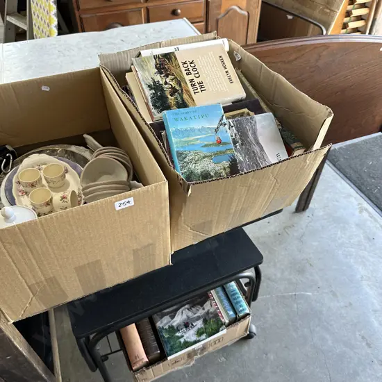 Large lot books, china, trolley, headboard