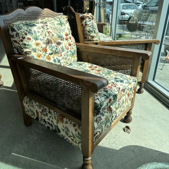 Oak wicker back sofa & 2 chairs