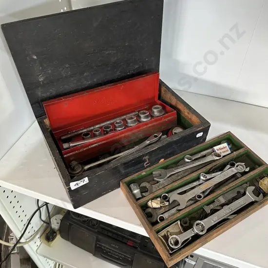 Wooden tool box, contents plus Sidchrome set
