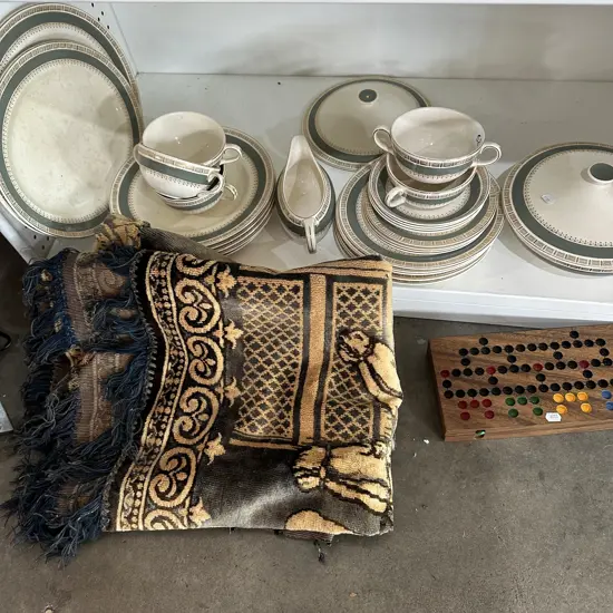 Part dinner set, silk hanging, wooden game