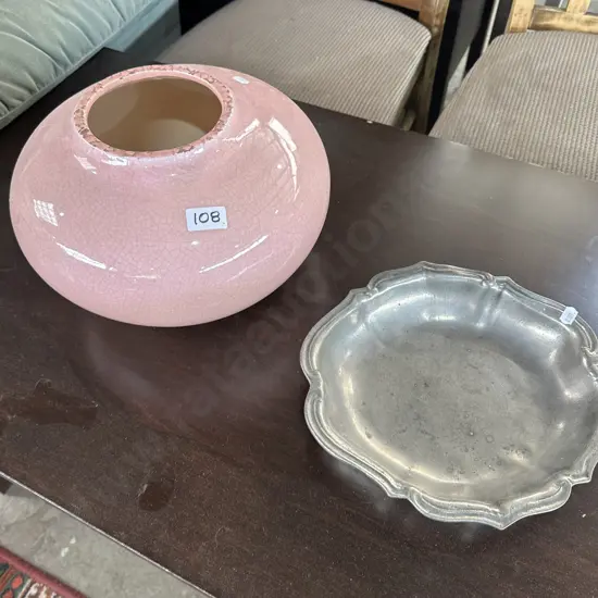 Pewter dish and ceramic vase