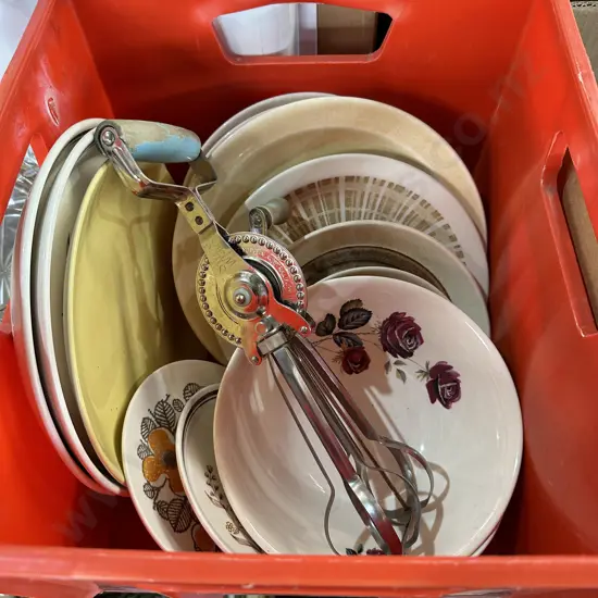 Egg beater and bin of pottery