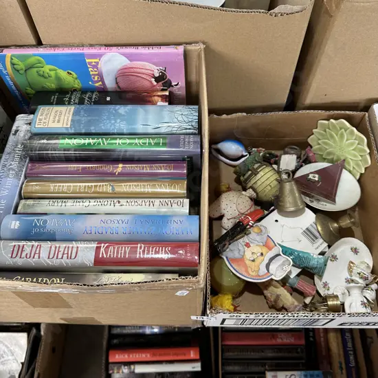 2 box books, brass bell and smalls