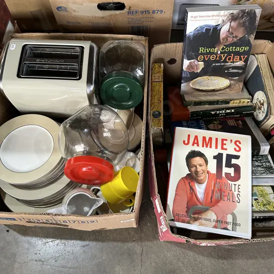 2 boxes kitchenware and books