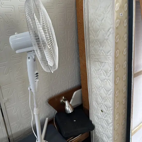 Bed, fan, tools, gumboots etc