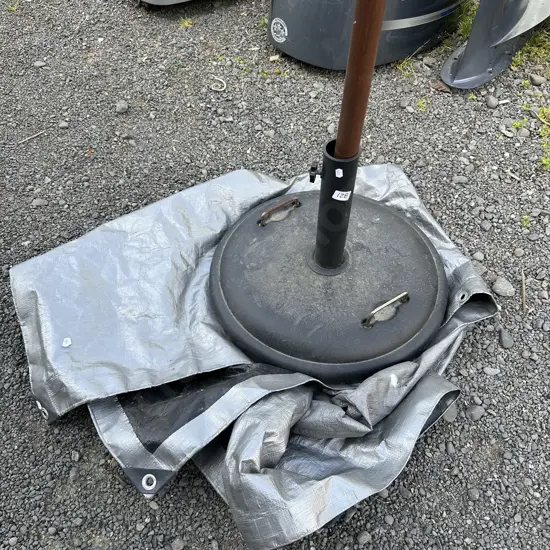 Umbrella and stand, tarp.