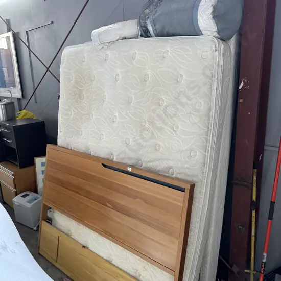 Queen bed with modern Rimu head, bamboo topper etc (mattress stained)
