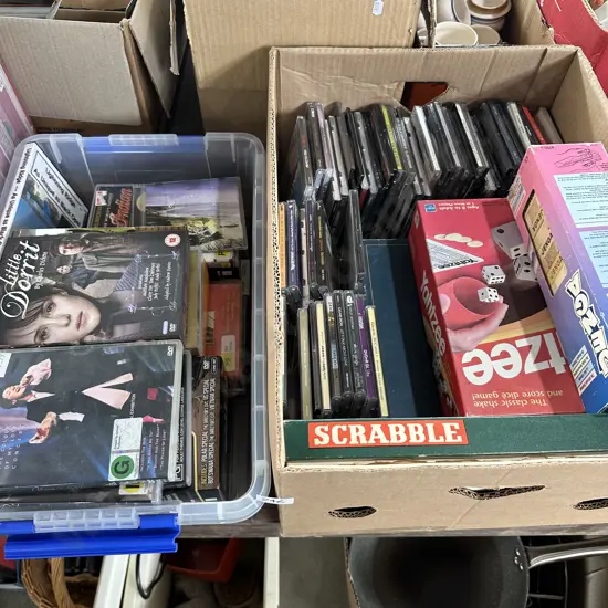 2 box DVDs, games, CDs
