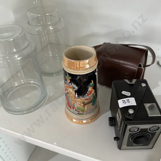 Boxed Brownie, stein and lidded glass jars