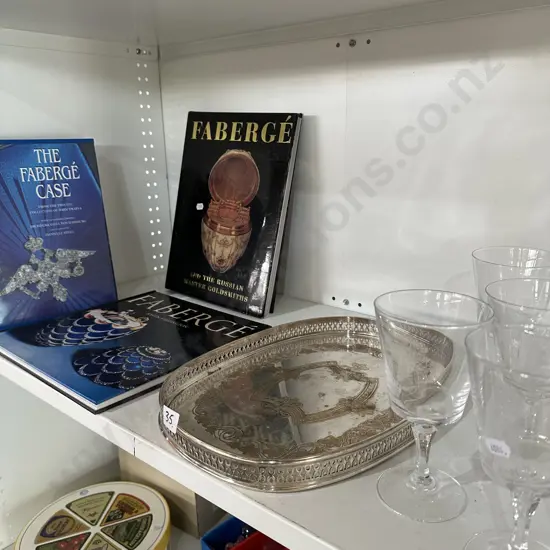 Books, tray and glassware