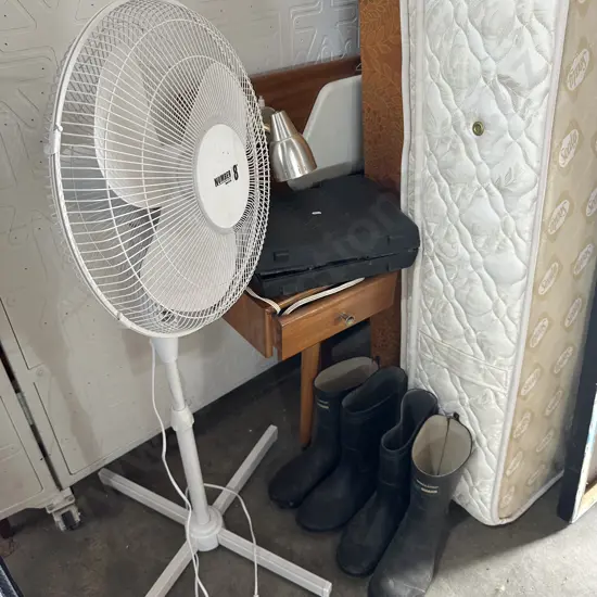 Bed, fan, tools, gumboots etc
