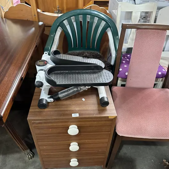 2 outdoor chairs, stepper and side drawer