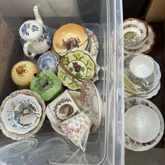 Bin and box of collectable china