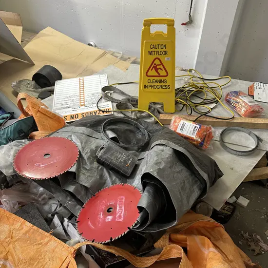 Tarp, lead, mop sign, saw blades, new glove packets x 2