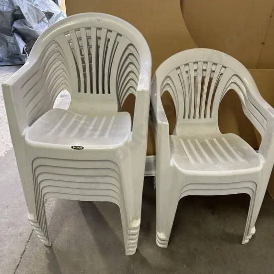 Plastic outdoor chairs x 11