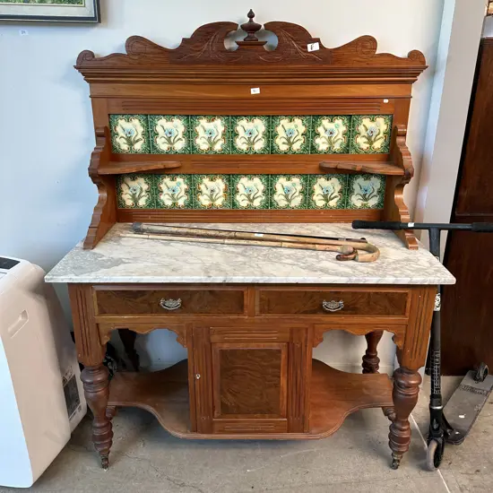 Tile back, marble top Kauri wash stand