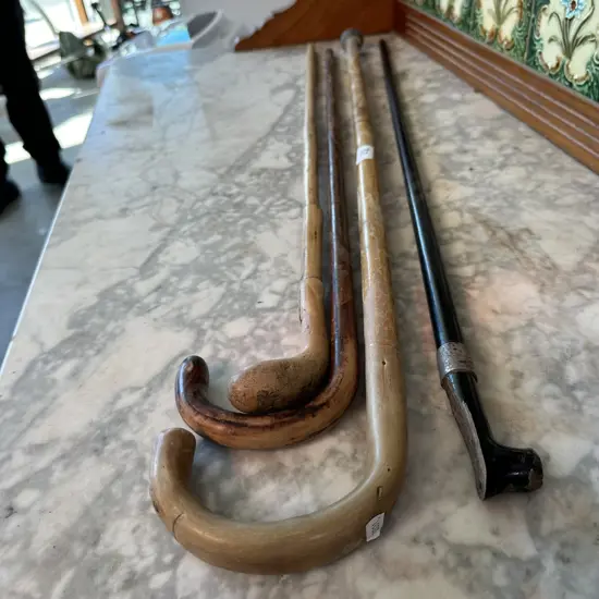 3 x walking canes, 1 x Sterling rim stick (cracked)