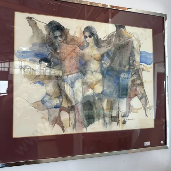 RT Moorhead watercolour "Beach Party" 1982
