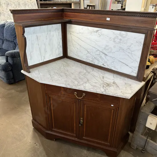 Sheraton Revival corner cabinet, marble top