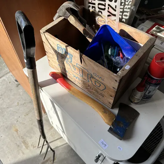 Cabinet, tools, ironing board etc