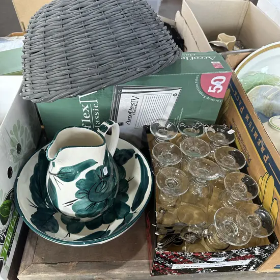 Wash jug and bowl, glassware, files