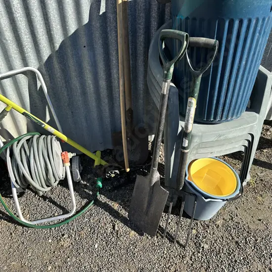 garden tools, hose, chairs, bin