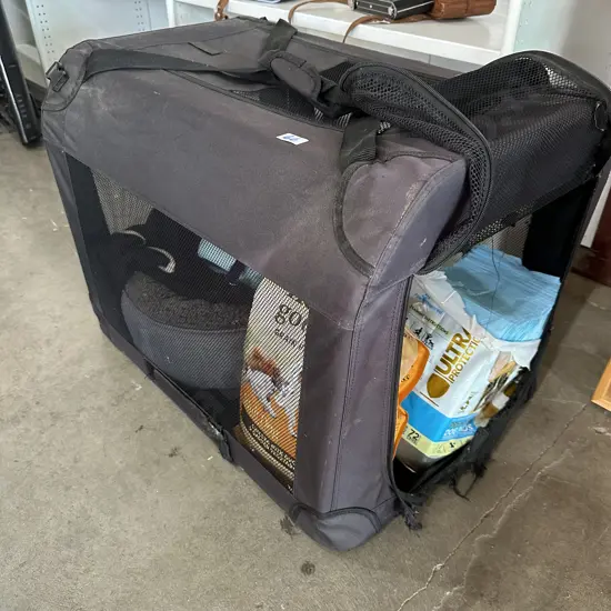 Dog crate and accessories as is