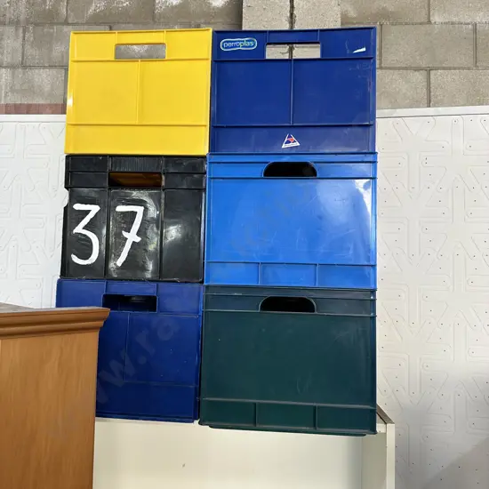 Desk, table, plastic bins