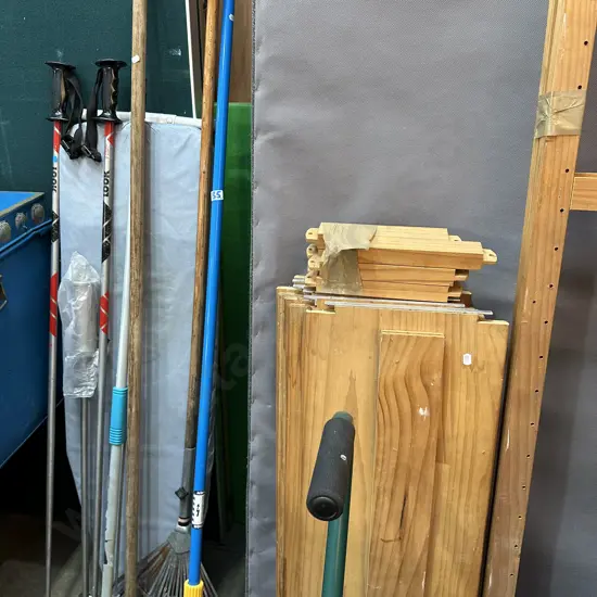 Shelving, garden tools, iron board etc