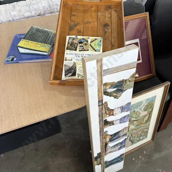 Wooden tray, pictures etc