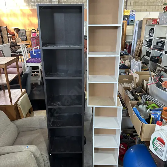 Painted Shelf, Pr white cubes and tall bookshelf