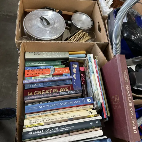 2 box books and pots