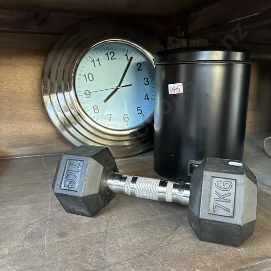 dumpbell, clock, bin